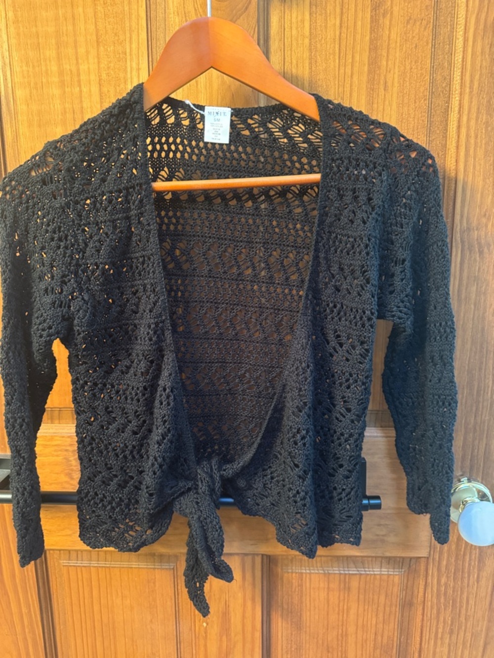 Crochet Tie-Front Open Cardigan Sweater - Black